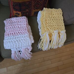 Two Handmade Winter Scarves – Pink/White & Yellow/White